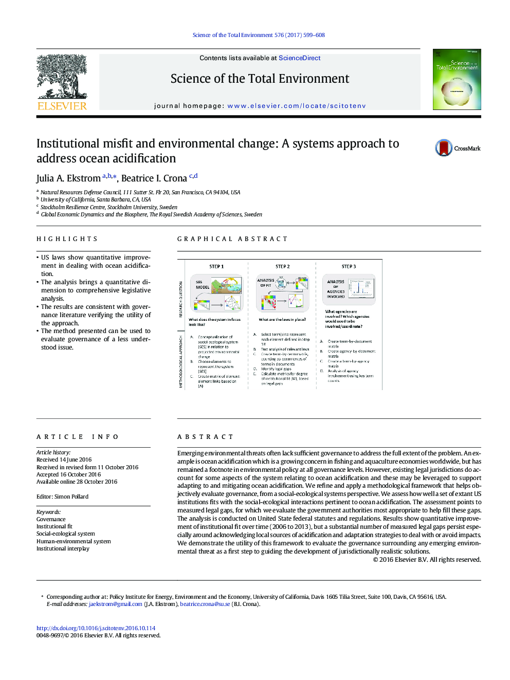 Institutional misfit and environmental change: A systems approach to address ocean acidification