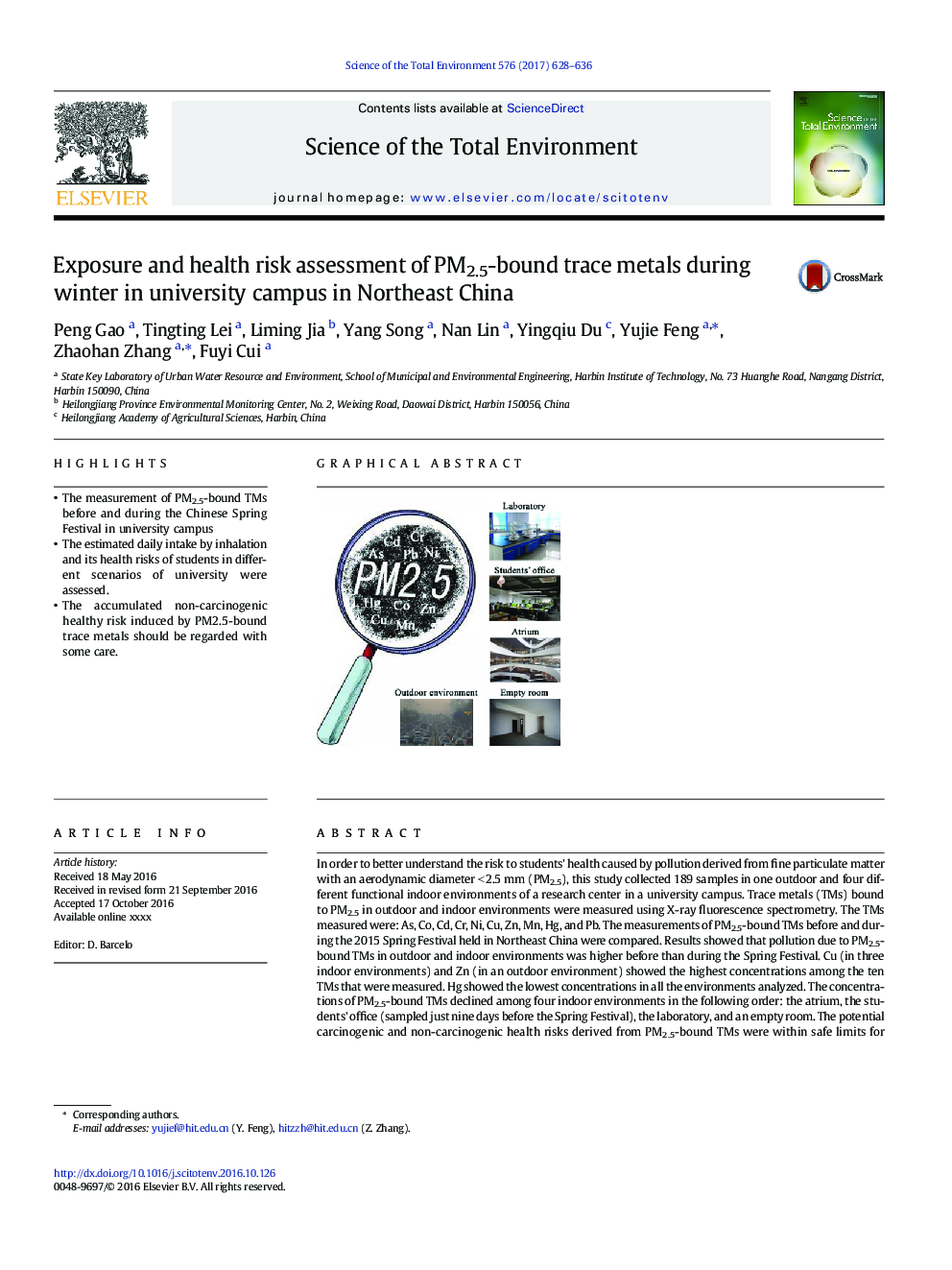 Exposure and health risk assessment of PM2.5-bound trace metals during winter in university campus in Northeast China