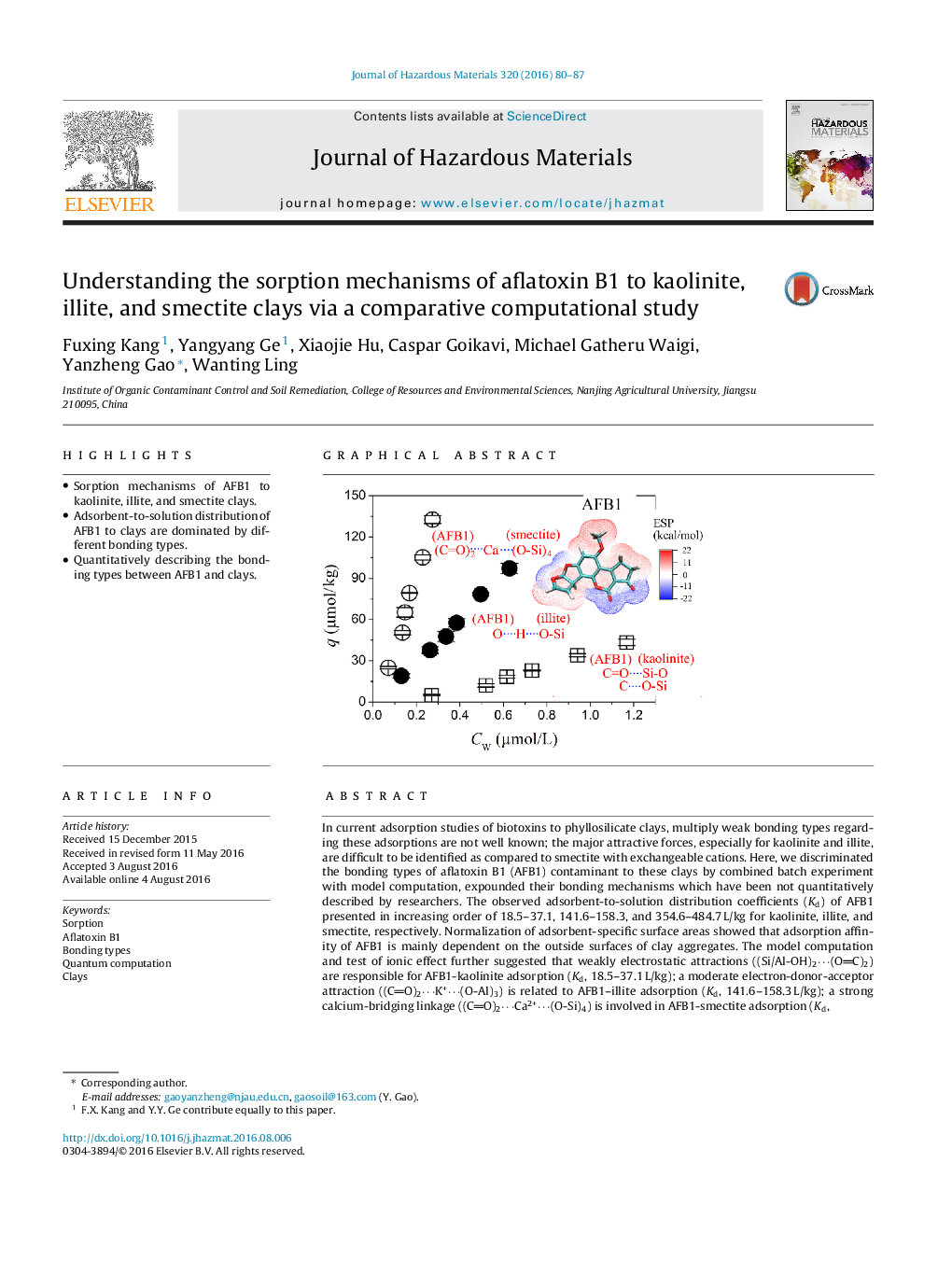 Understanding the sorption mechanisms of aflatoxin B1 to kaolinite, illite, and smectite clays via a comparative computational study