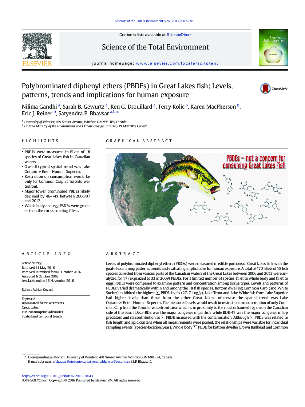 Polybrominated diphenyl ethers (PBDEs) in Great Lakes fish: Levels, patterns, trends and implications for human exposure