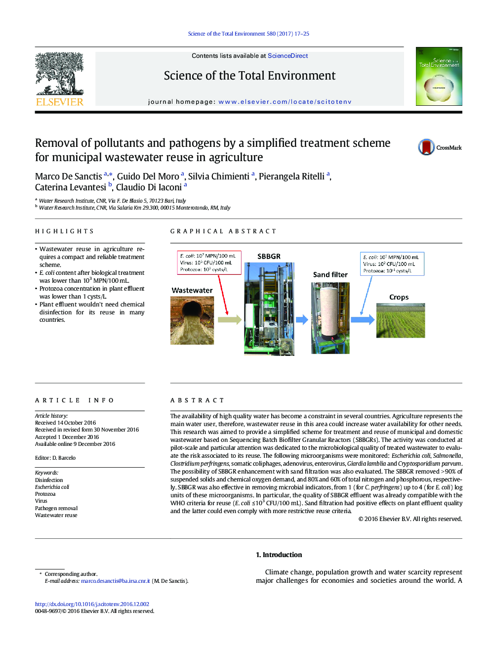 Removal of pollutants and pathogens by a simplified treatment scheme for municipal wastewater reuse in agriculture