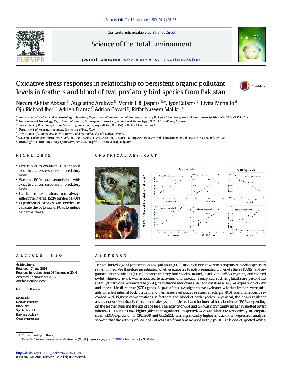 Oxidative stress responses in relationship to persistent organic pollutant levels in feathers and blood of two predatory bird species from Pakistan