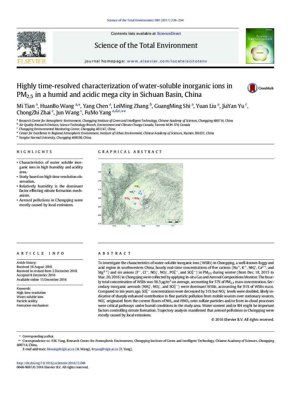 Highly time-resolved characterization of water-soluble inorganic ions in PM2.5 in a humid and acidic mega city in Sichuan Basin, China