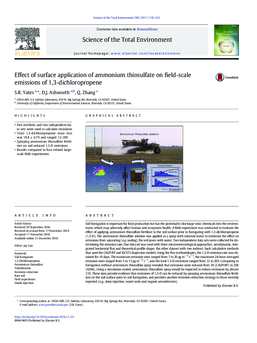 Effect of surface application of ammonium thiosulfate on field-scale emissions of 1,3-dichloropropene