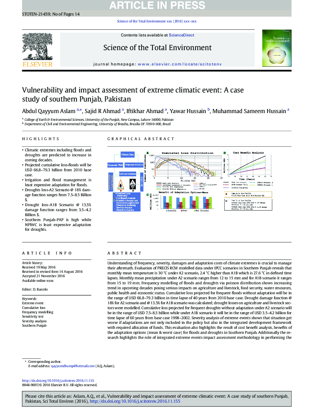 Vulnerability and impact assessment of extreme climatic event: A case study of southern Punjab, Pakistan