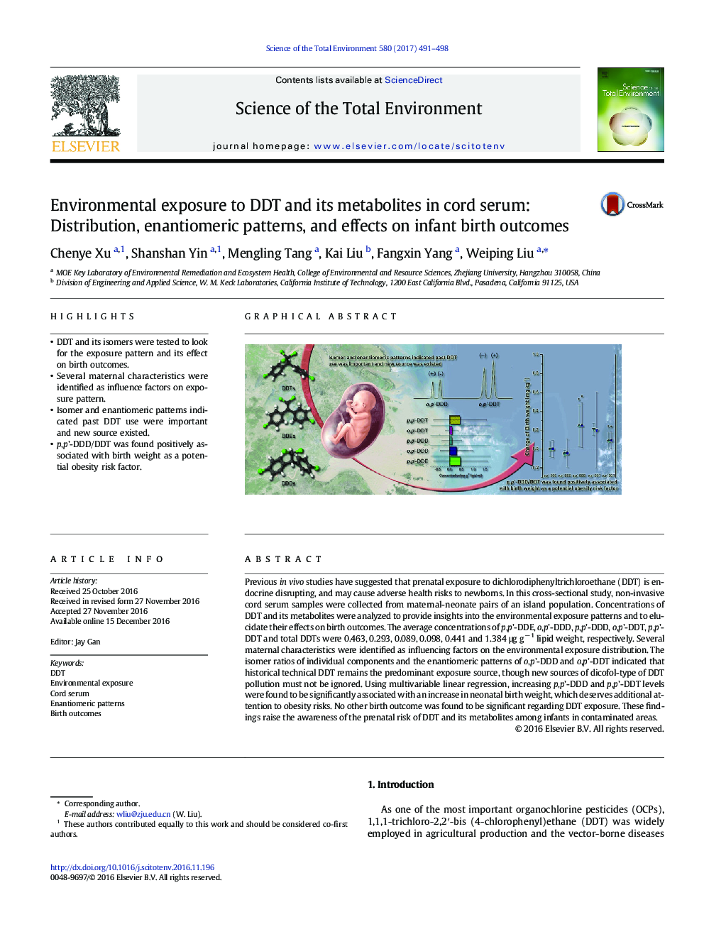 Environmental exposure to DDT and its metabolites in cord serum: Distribution, enantiomeric patterns, and effects on infant birth outcomes