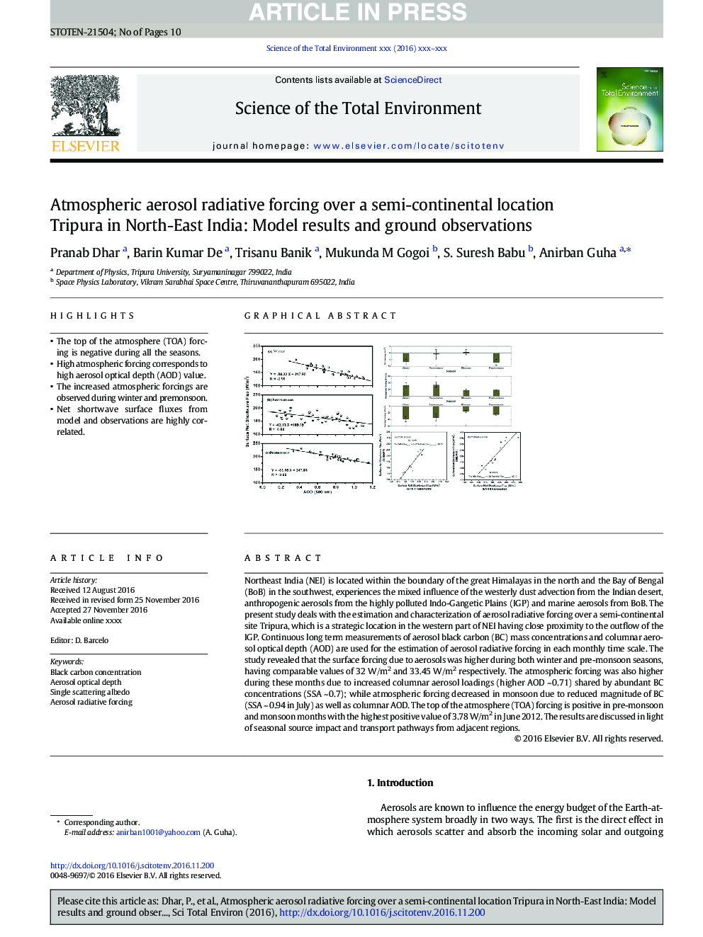 Atmospheric aerosol radiative forcing over a semi-continental location Tripura in North-East India: Model results and ground observations