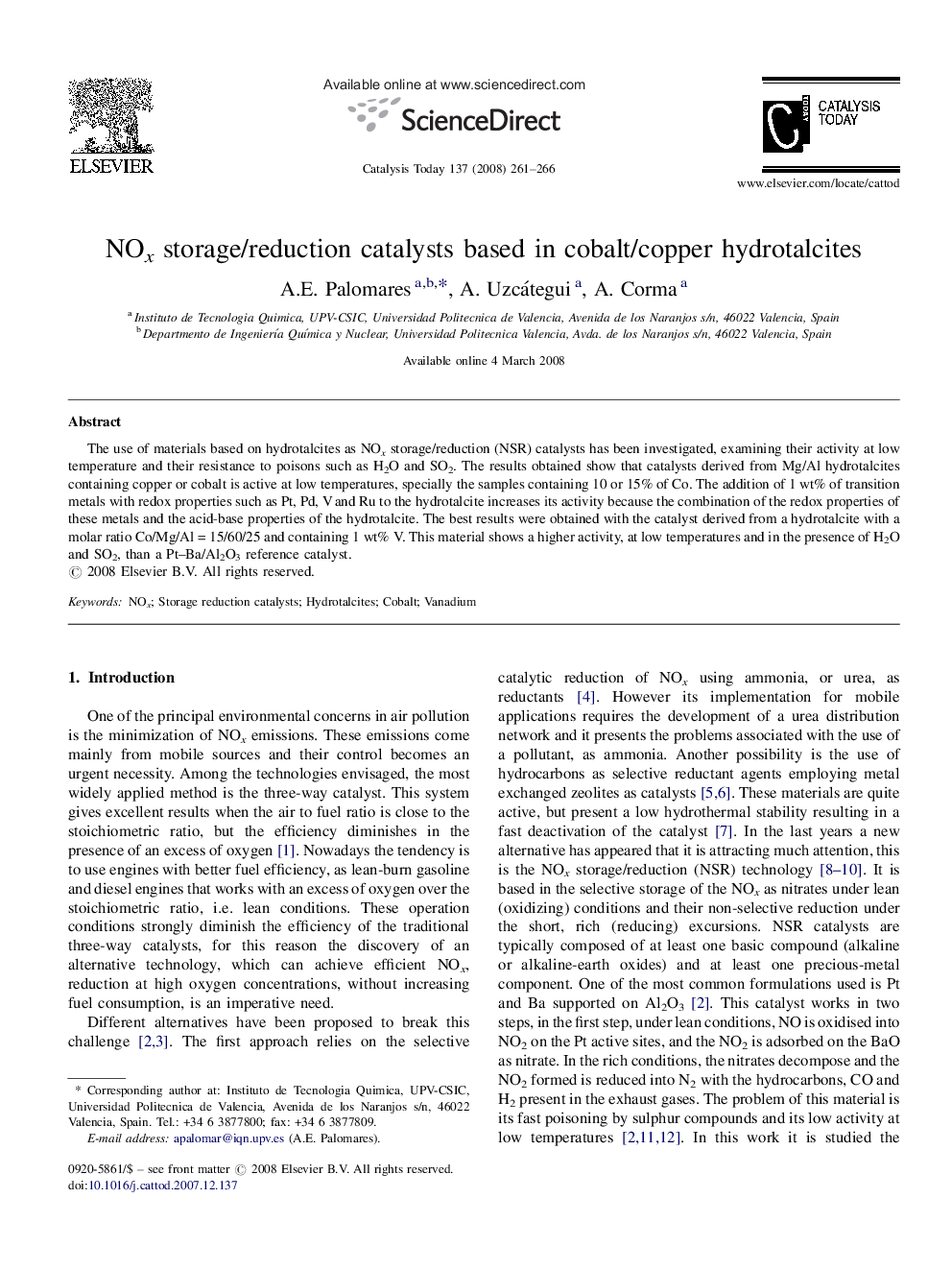 NOx storage/reduction catalysts based in cobalt/copper hydrotalcites
