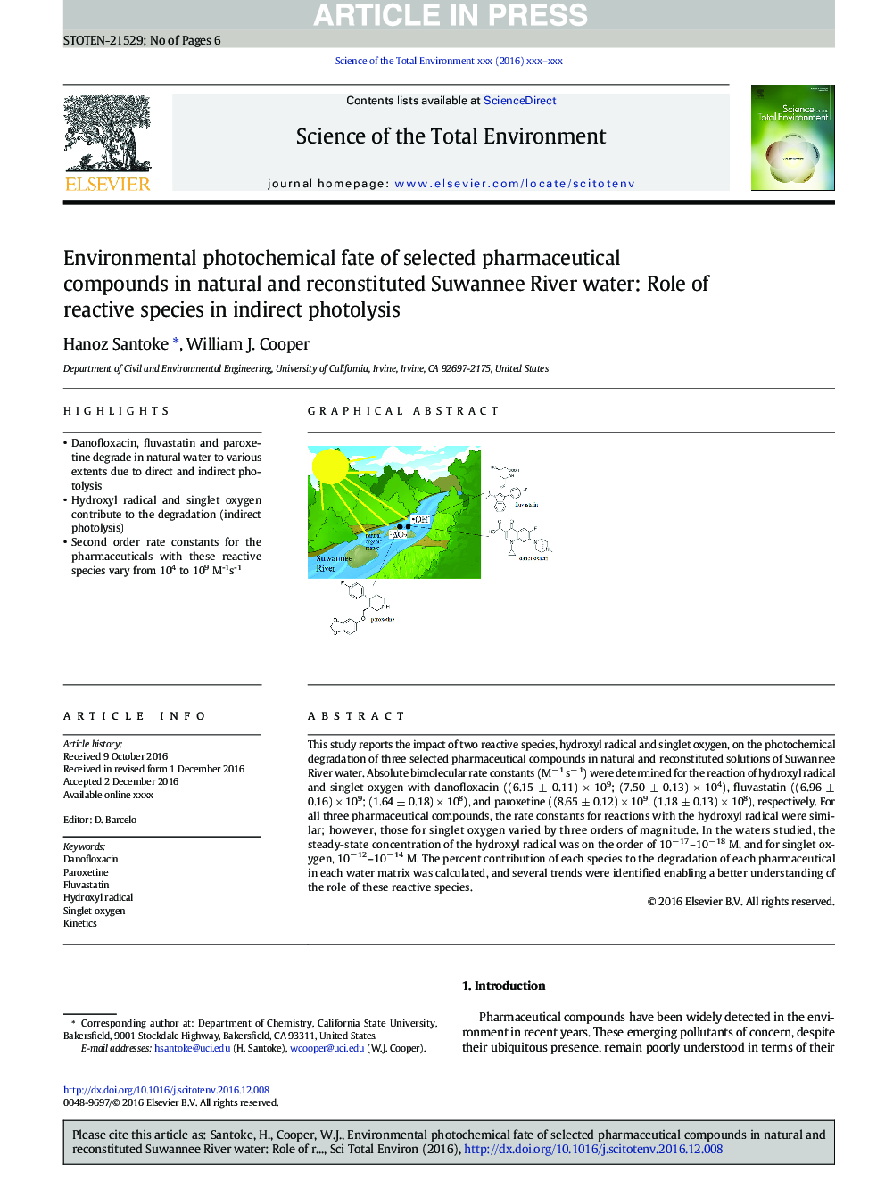 Environmental photochemical fate of selected pharmaceutical compounds in natural and reconstituted Suwannee River water: Role of reactive species in indirect photolysis