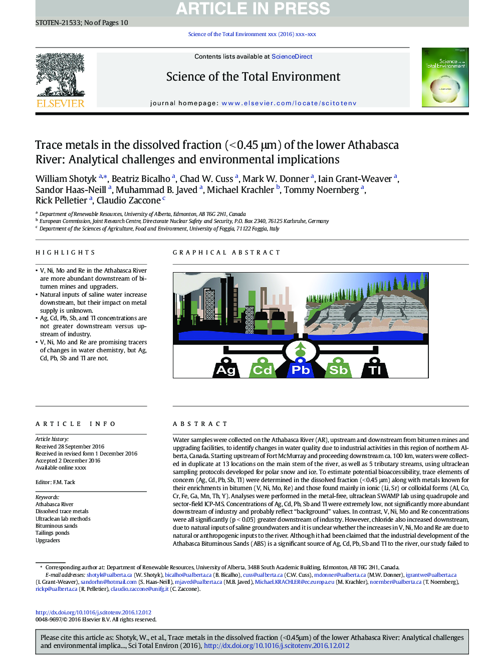 Trace metals in the dissolved fraction (<Â 0.45Â Î¼m) of the lower Athabasca River: Analytical challenges and environmental implications