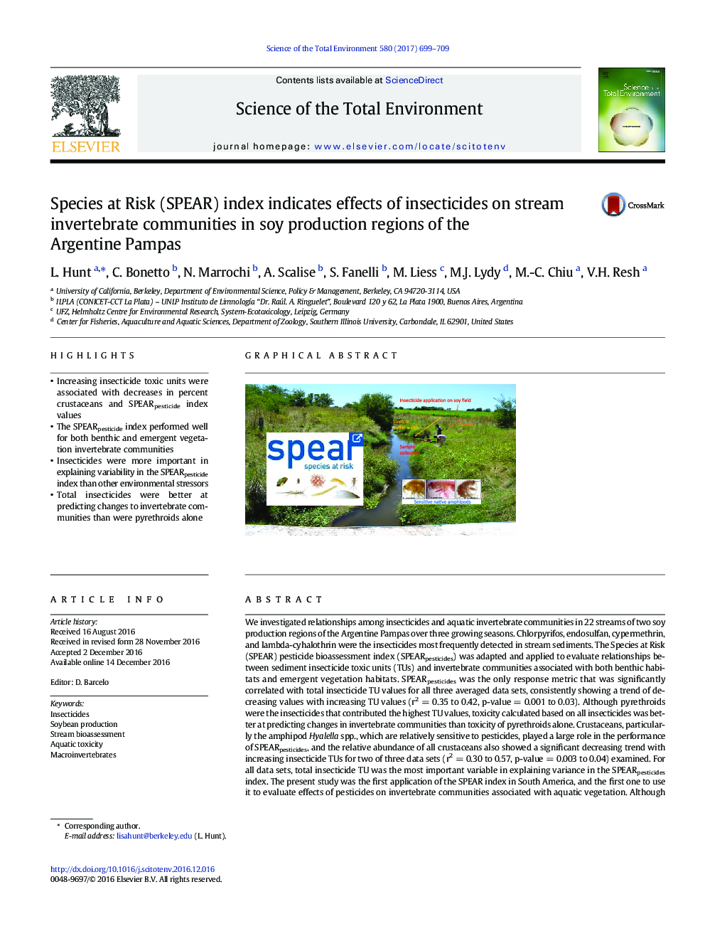 Species at Risk (SPEAR) index indicates effects of insecticides on stream invertebrate communities in soy production regions of the Argentine Pampas