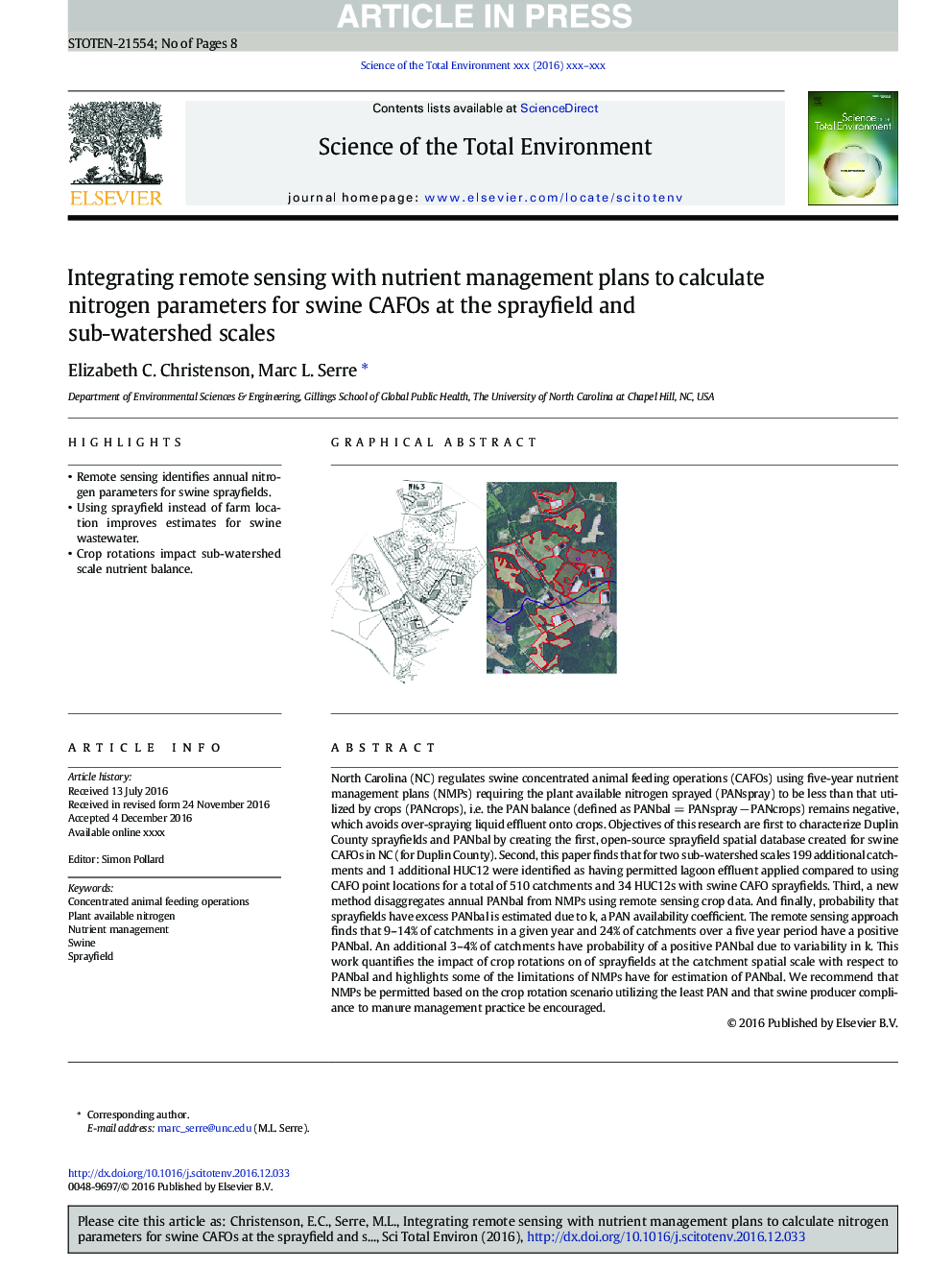 Integrating remote sensing with nutrient management plans to calculate nitrogen parameters for swine CAFOs at the sprayfield and sub-watershed scales