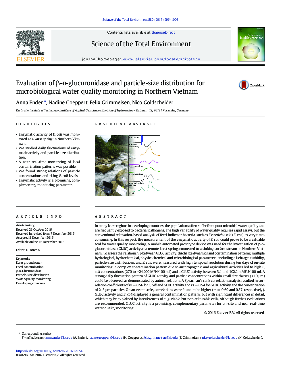 Evaluation of Î²-d-glucuronidase and particle-size distribution for microbiological water quality monitoring in Northern Vietnam