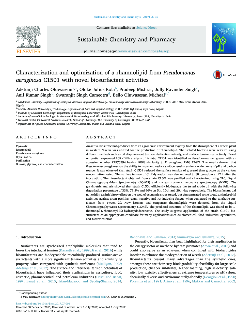 Characterization and optimization of a rhamnolipid from Pseudomonas aeruginosa C1501 with novel biosurfactant activities