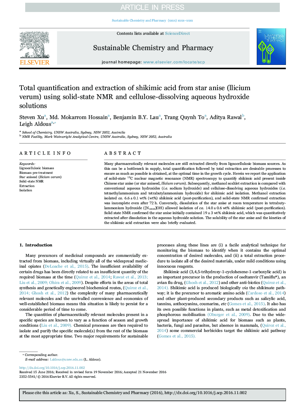 Total quantification and extraction of shikimic acid from star anise (llicium verum) using solid-state NMR and cellulose-dissolving aqueous hydroxide solutions