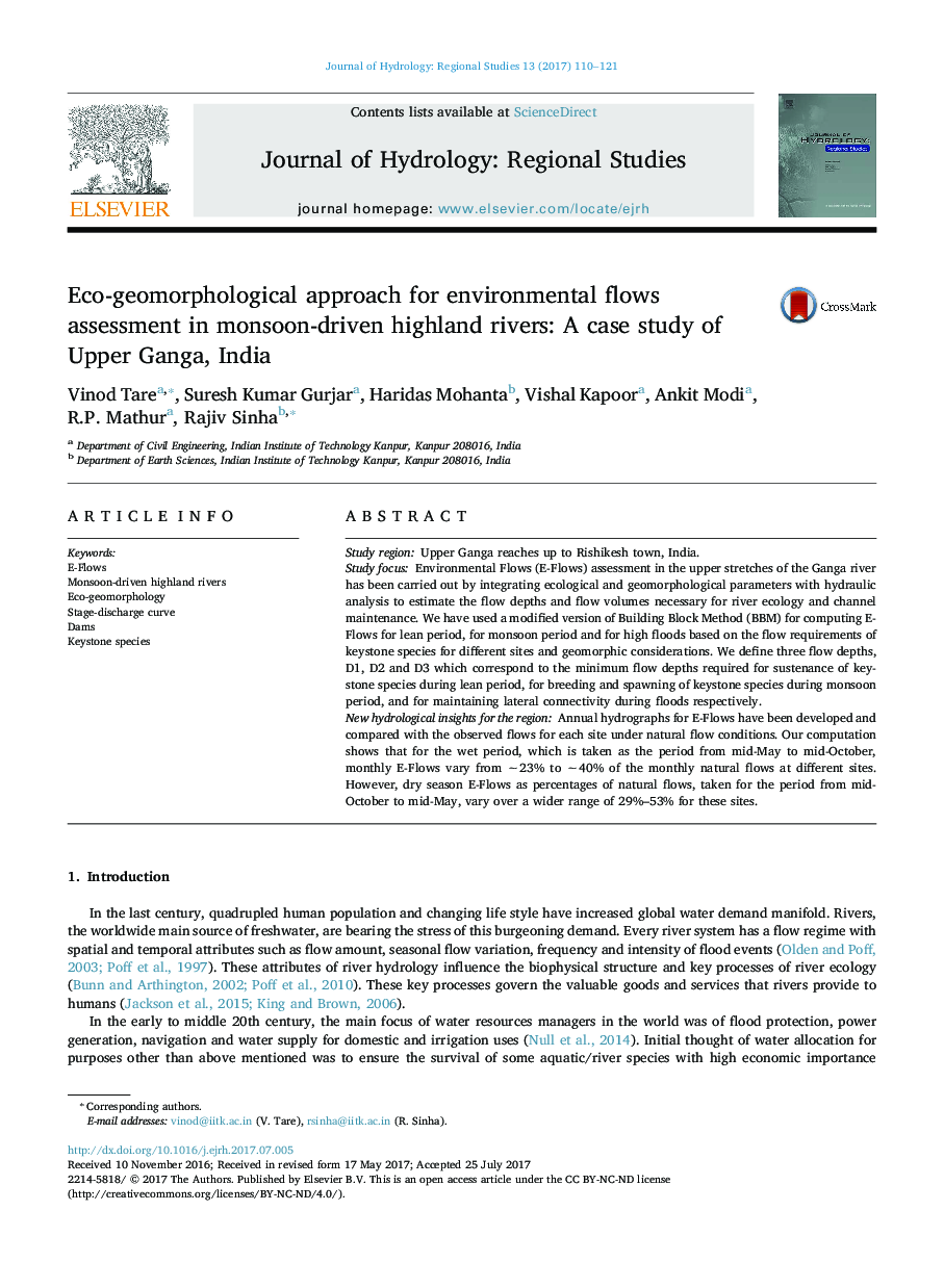 Eco-geomorphological approach for environmental flows assessment in monsoon-driven highland rivers: A case study of Upper Ganga, India