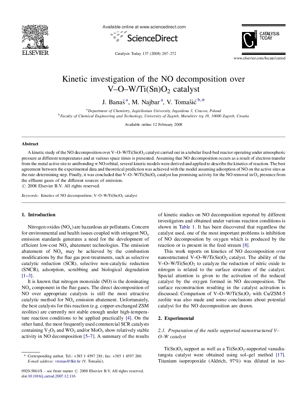 Kinetic investigation of the NO decomposition over V–O–W/Ti(Sn)O2 catalyst