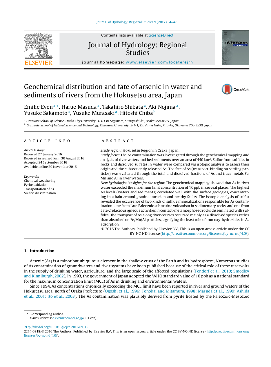 Geochemical distribution and fate of arsenic in water and sediments of rivers from the Hokusetsu area, Japan