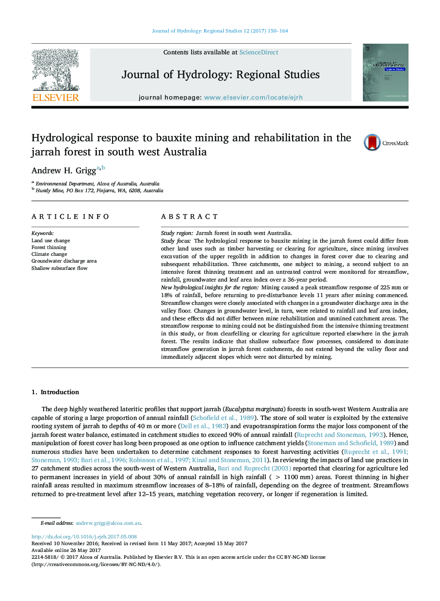 Hydrological response to bauxite mining and rehabilitation in the jarrah forest in south west Australia