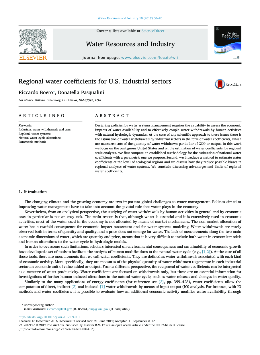 Regional water coefficients for U.S. industrial sectors