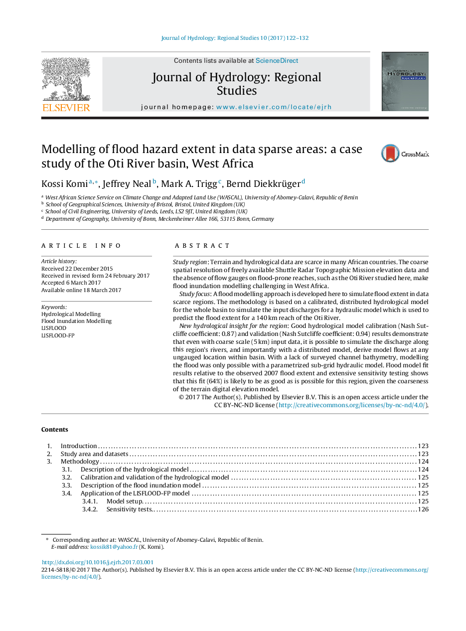 Modelling of flood hazard extent in data sparse areas: a case study of the Oti River basin, West Africa