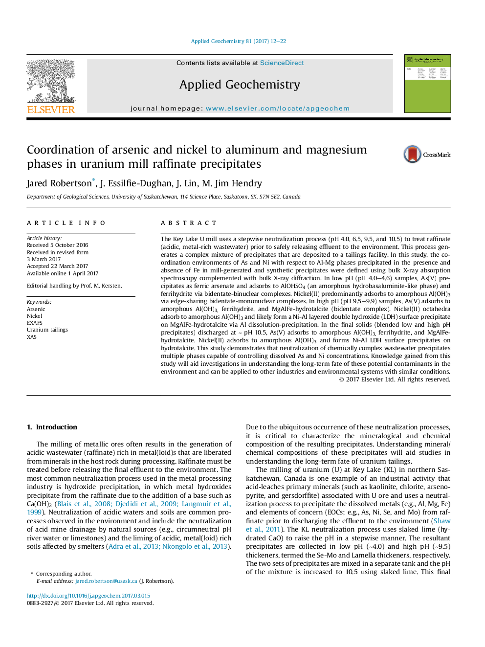 Coordination of arsenic and nickel to aluminum and magnesium phases in uranium mill raffinate precipitates