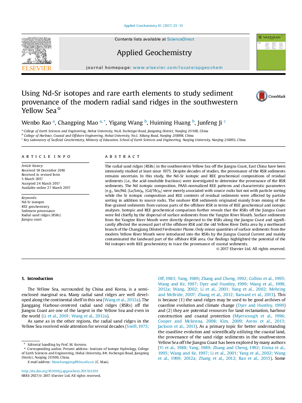 Using Nd-Sr isotopes and rare earth elements to study sediment provenance of the modern radial sand ridges in the southwestern Yellow Sea