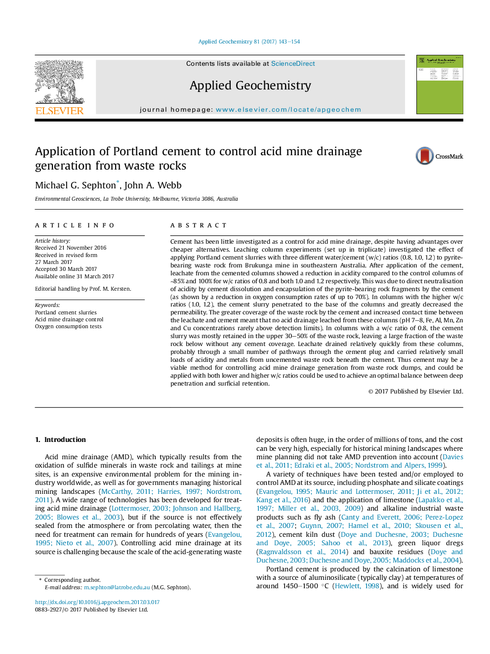 Application of Portland cement to control acid mine drainage generation from waste rocks