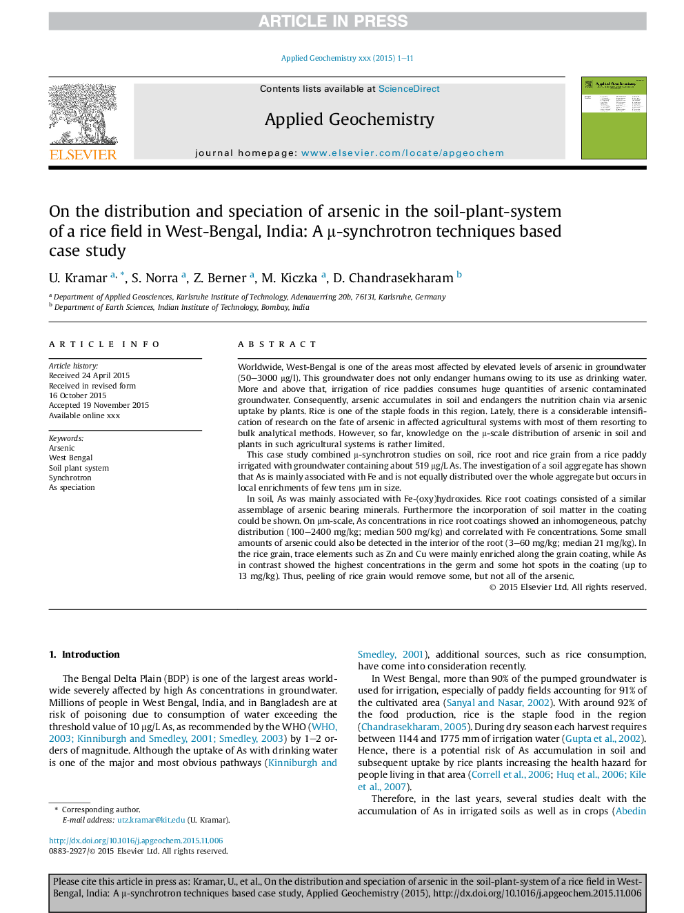 On the distribution and speciation of arsenic in the soil-plant-system of a rice field in West-Bengal, India: A Î¼-synchrotron techniques based case study