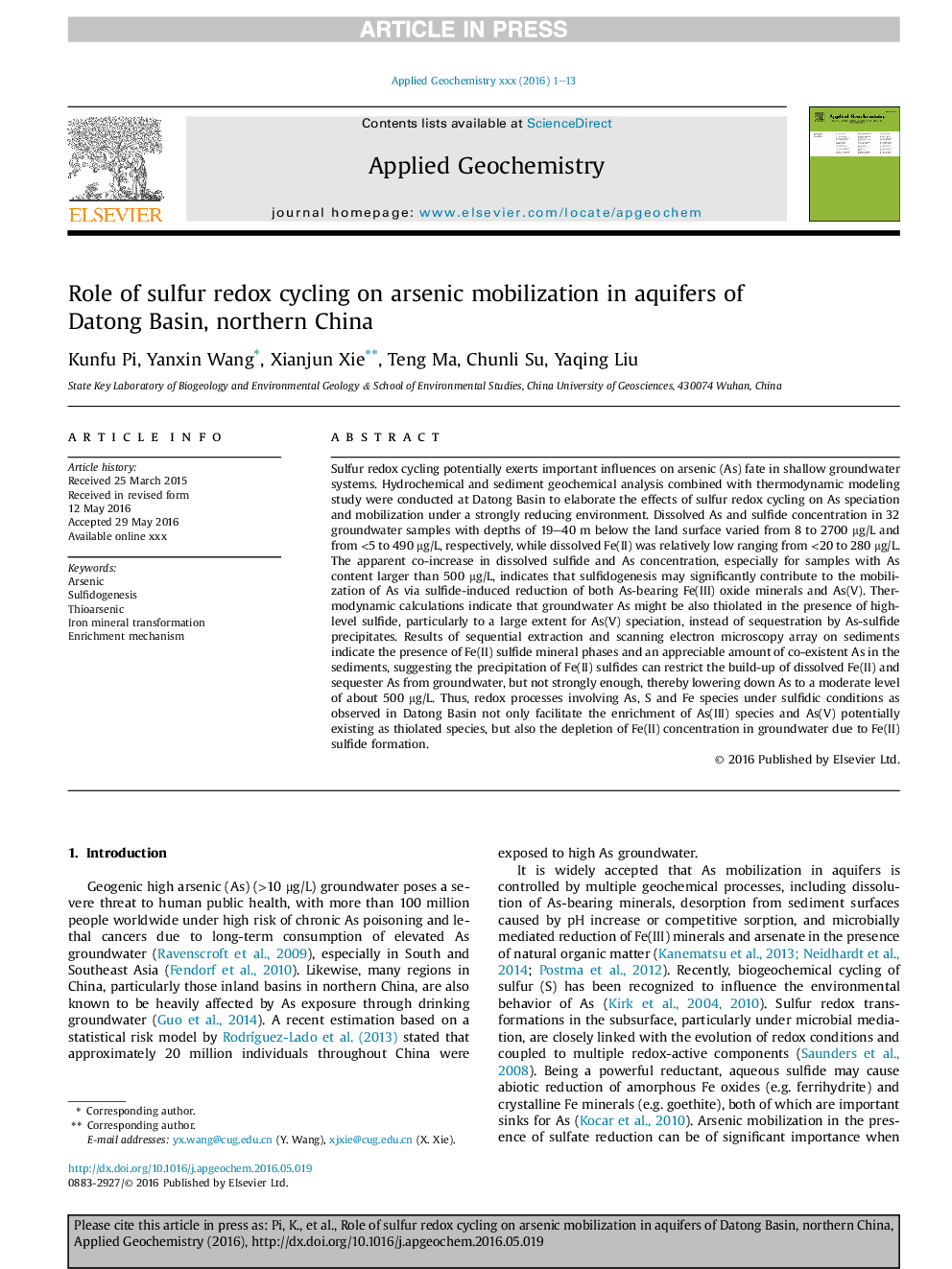 Role of sulfur redox cycling on arsenic mobilization in aquifers of Datong Basin, northern China