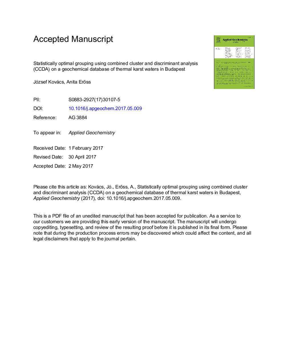 Statistically optimal grouping using combined cluster and discriminant analysis (CCDA) on a geochemical database ofÂ thermalÂ karst waters in Budapest