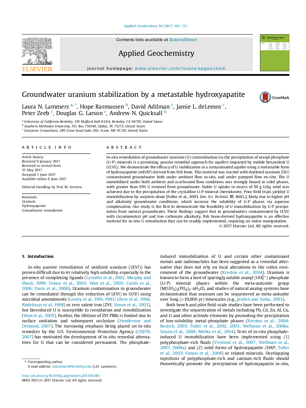 Groundwater uranium stabilization by a metastable hydroxyapatite