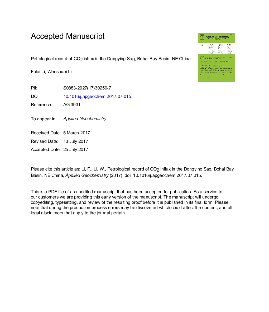 Petrological record of CO2 influx in the Dongying Sag, Bohai Bay Basin, NE China