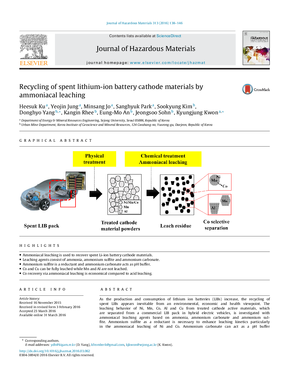 Recycling of spent lithium-ion battery cathode materials by ammoniacal leaching