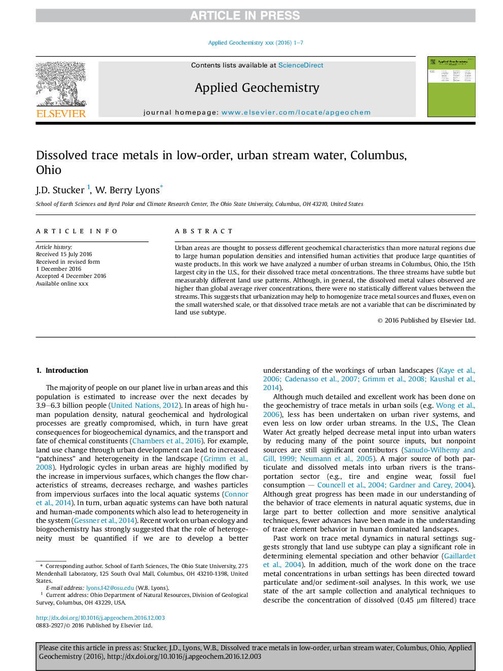 Dissolved trace metals in low-order, urban stream water, Columbus, Ohio