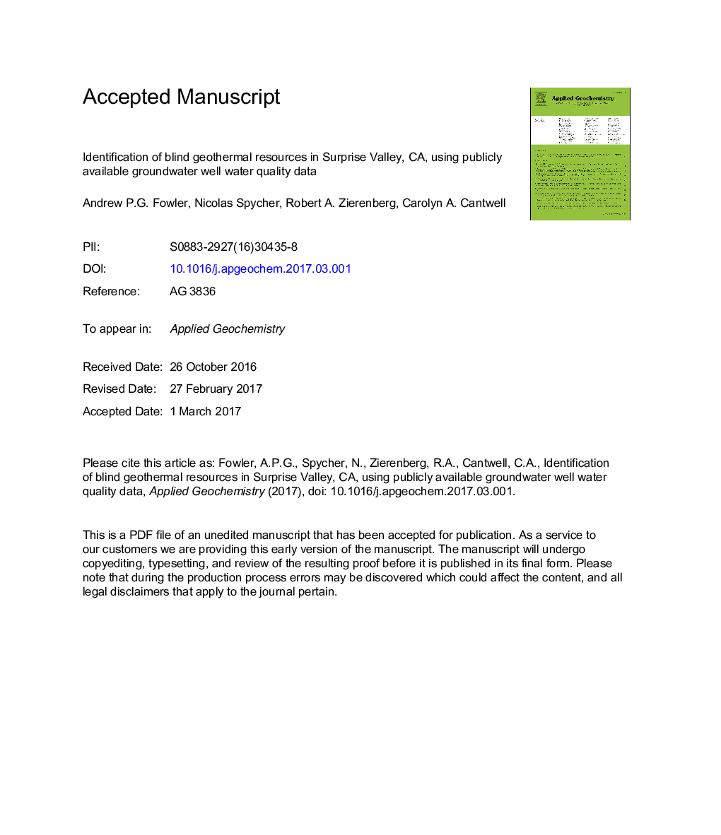 Identification of blind geothermal resources in Surprise Valley, CA, using publicly available groundwater well water quality data