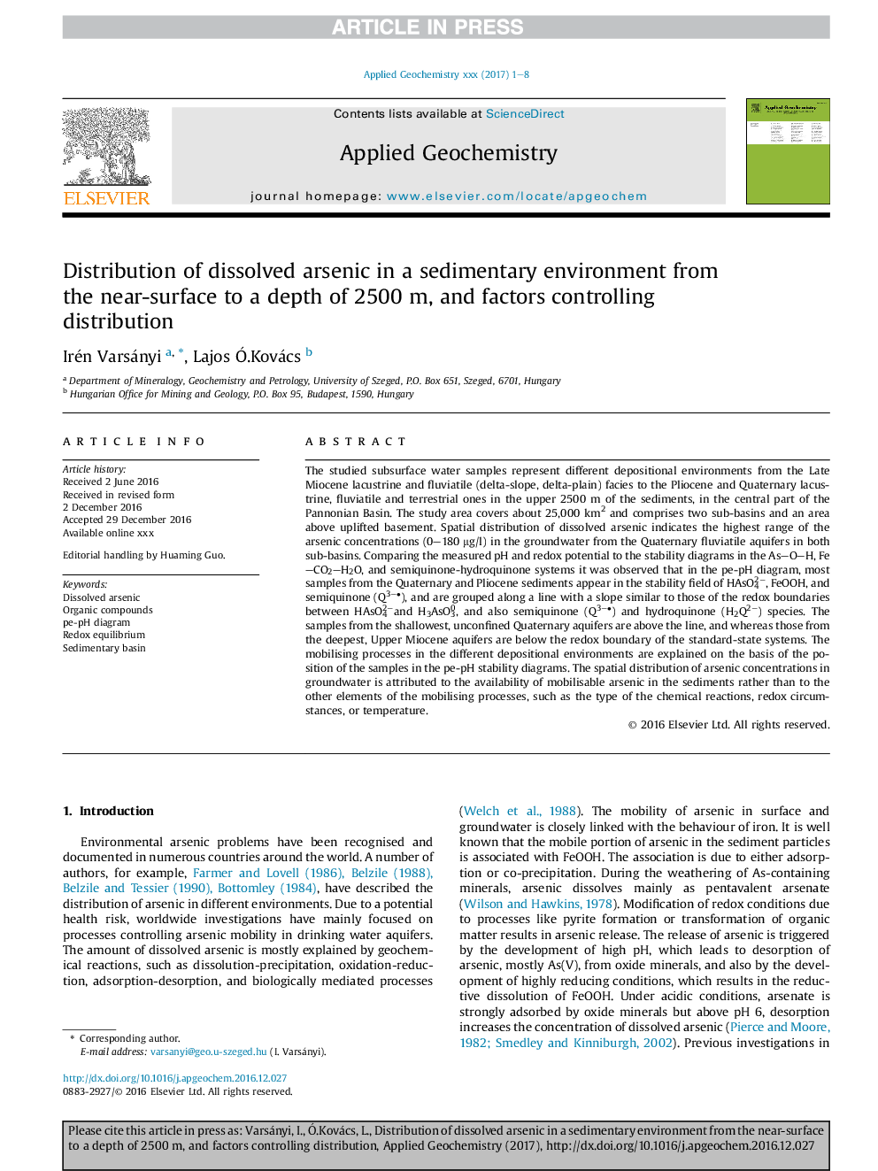 Distribution of dissolved arsenic in a sedimentary environment from the near-surface to a depth of 2500Â m, and factors controlling distribution