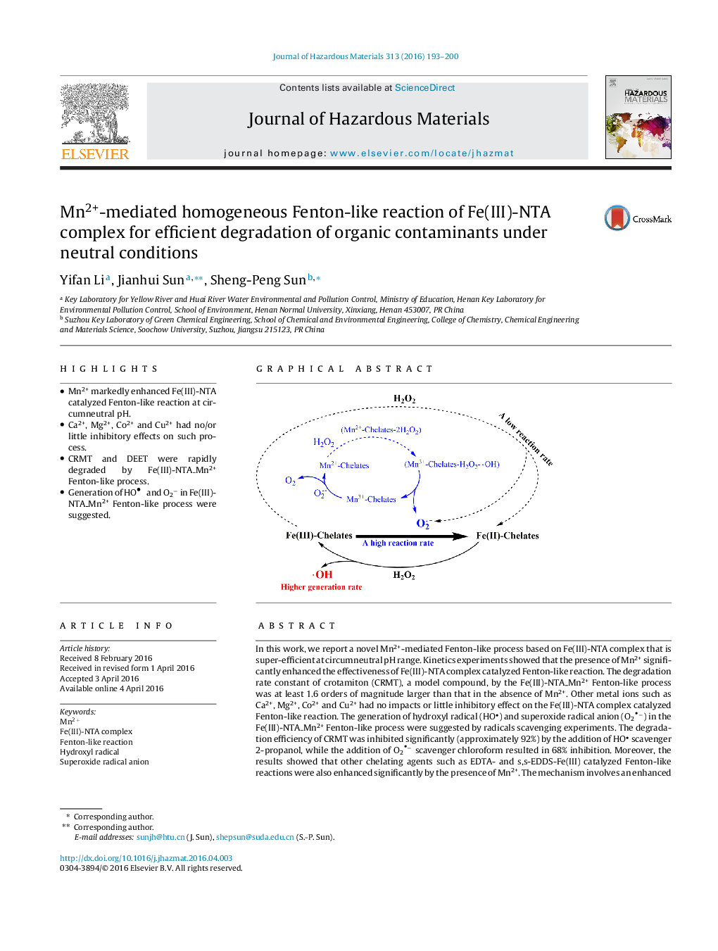 واکنش فنتون‌مانند همگن به واسطه Mn2 از مجتمع Fe(III)-NTA برای تخریب کارآمد آلاینده های آلی تحت شرایط خنثی 