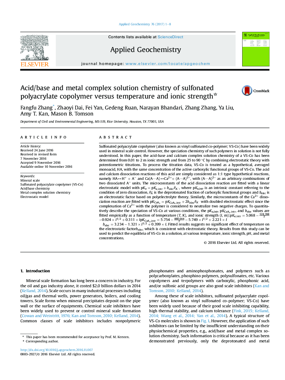 Acid/base and metal complex solution chemistry of sulfonated polyacrylate copolymer versus temperature and ionic strength