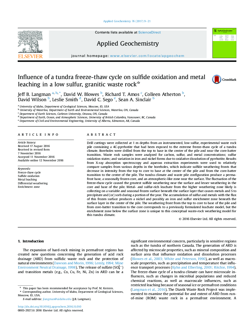 Influence of a tundra freeze-thaw cycle on sulfide oxidation and metal leaching in a low sulfur, granitic waste rock