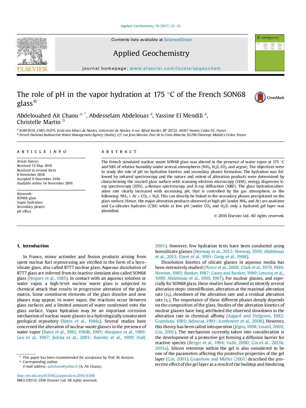 The role of pH in the vapor hydration at 175Â Â°C of the French SON68 glass