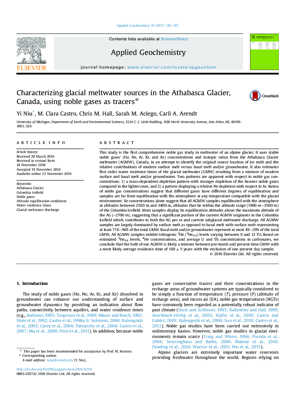 Characterizing glacial meltwater sources in the Athabasca Glacier, Canada, using noble gases as tracers