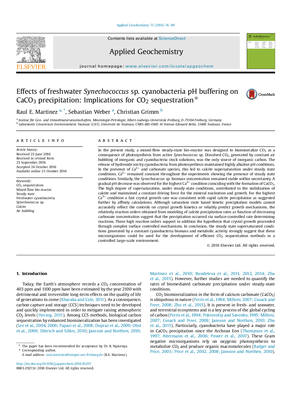 Effects of freshwater Synechococcus sp. cyanobacteria pH buffering on CaCO3 precipitation: Implications for CO2 sequestration