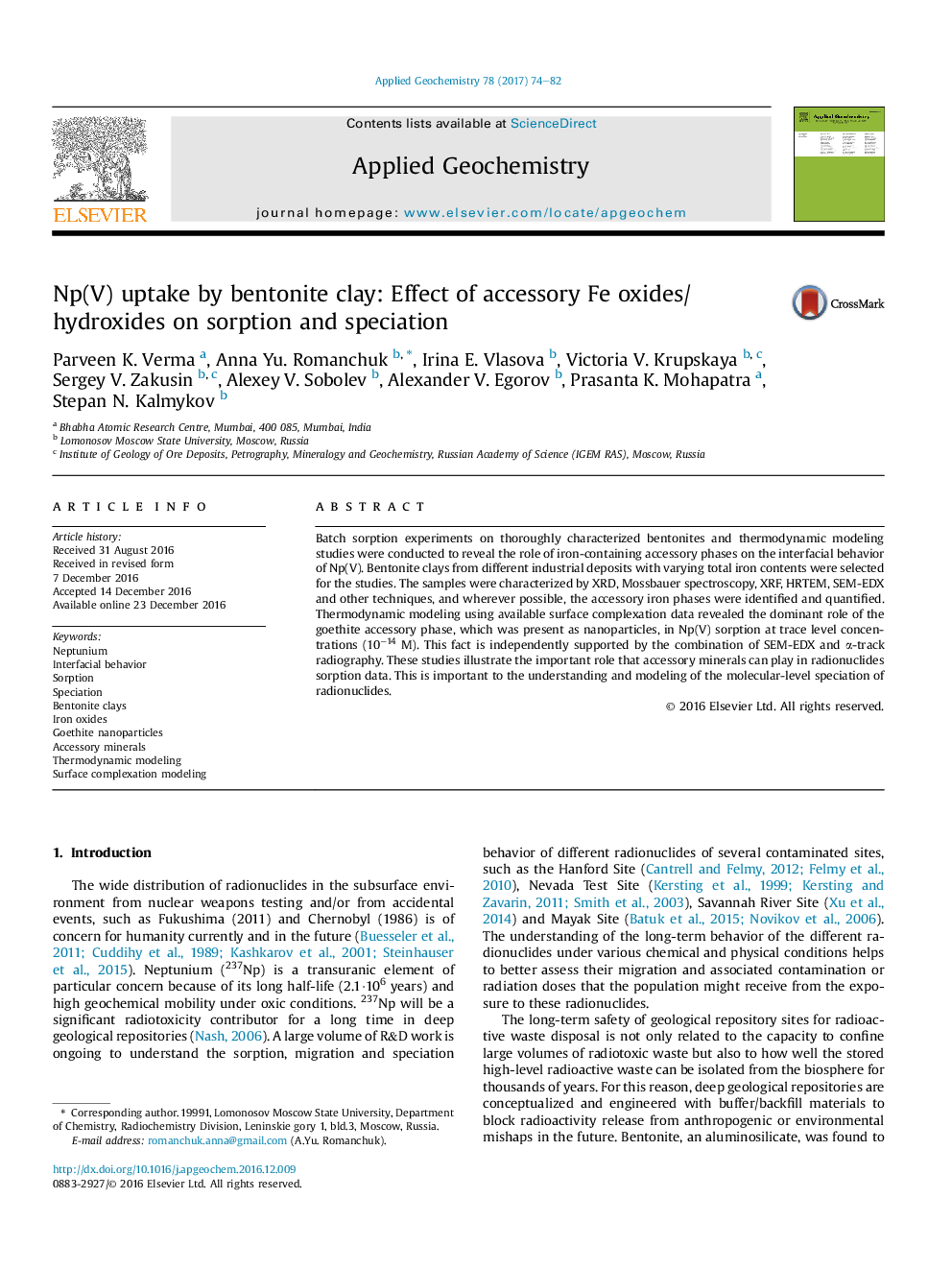 عکس صفحه اول مقاله: Np(V) uptake by bentonite clay: Effect of accessory Fe oxides/hydroxides on sorption and speciation Np(V) uptake by bentonite clay: Effect of accessory Fe oxides/hydroxides on sorption and speciation