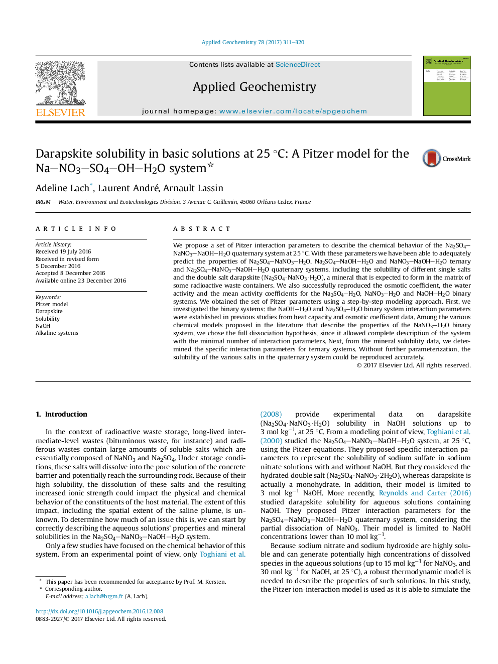عکس صفحه اول مقاله: Darapskite solubility in basic solutions at 25 °C: A Pitzer model for the NaNO3SO4OHH2O system Darapskite solubility in basic solutions at 25 °C: A Pitzer model for the NaNO3SO4OHH2O system