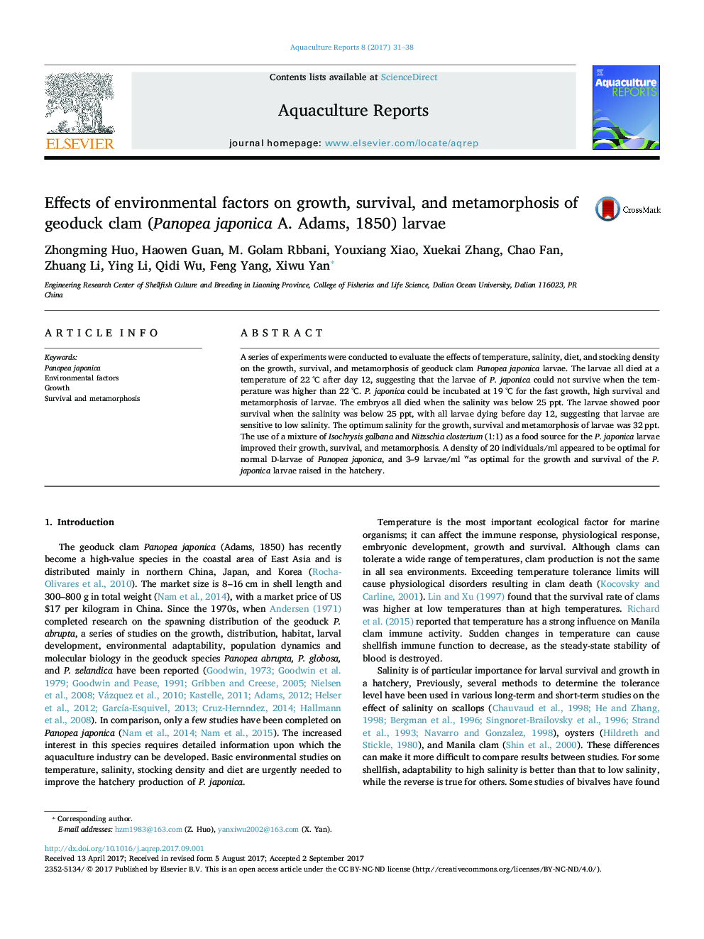 Effects of environmental factors on growth, survival, and metamorphosis of geoduck clam (Panopea japonica A. Adams, 1850) larvae