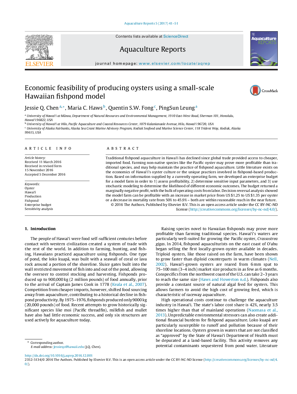 Economic feasibility of producing oysters using a small-scale Hawaiian fishpond model