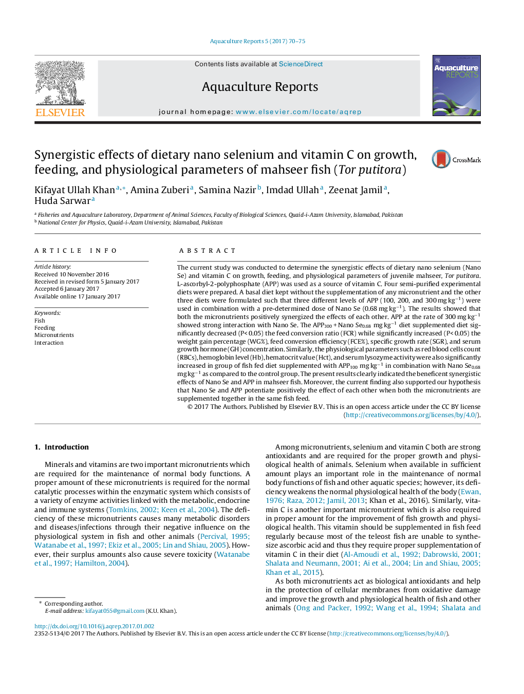 Synergistic effects of dietary nano selenium and vitamin C on growth, feeding, and physiological parameters of mahseer fish (Tor putitora)