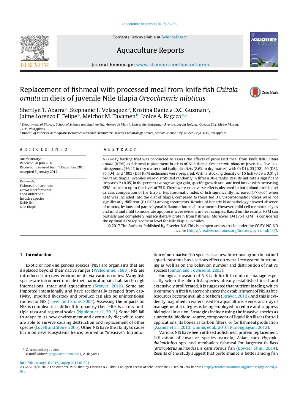 Replacement of fishmeal with processed meal from knife fish Chitala ornata in diets of juvenile Nile tilapia Oreochromis niloticus