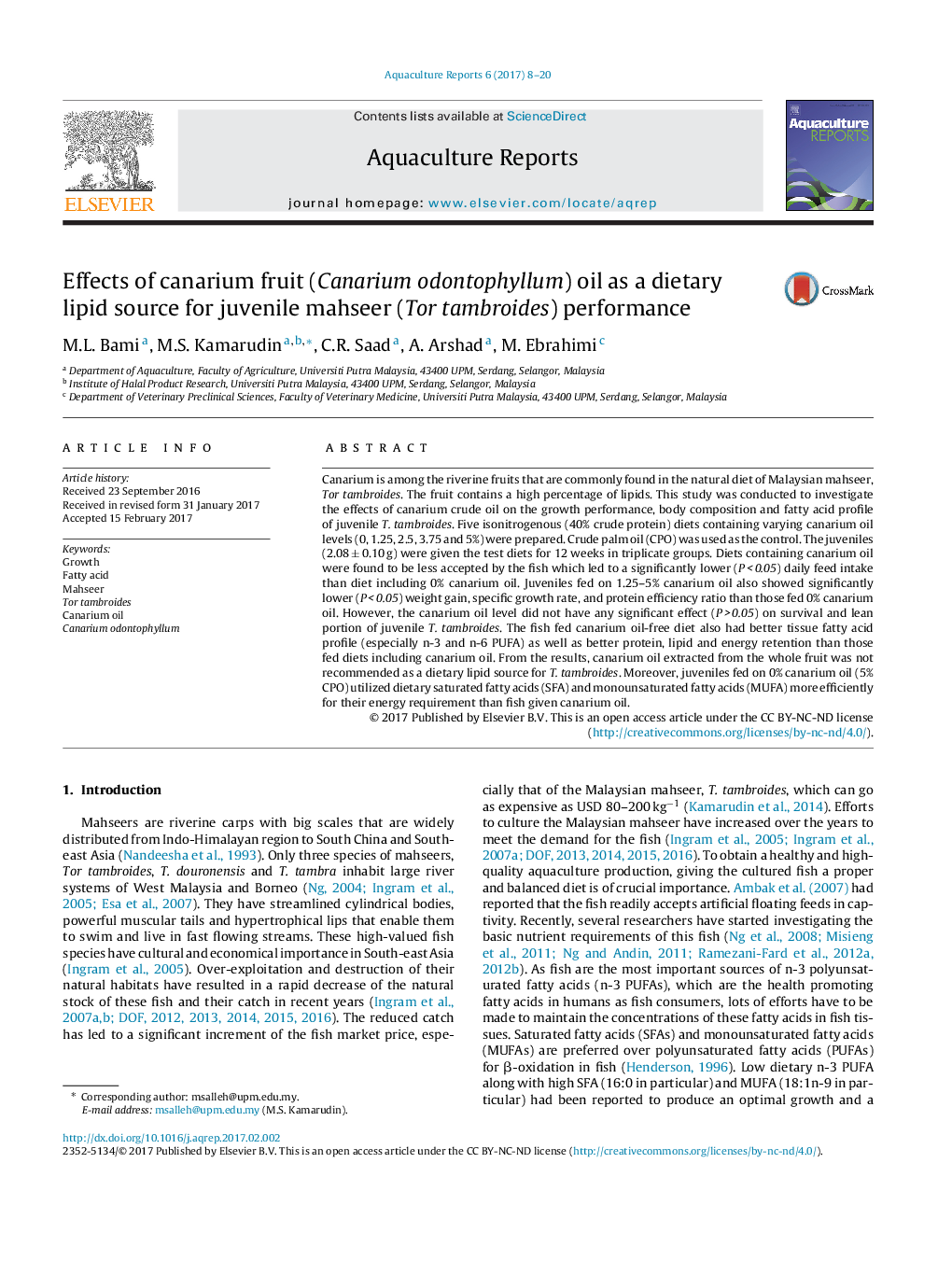 Effects of canarium fruit (Canarium odontophyllum) oil as a dietary lipid source for juvenile mahseer (Tor tambroides) performance